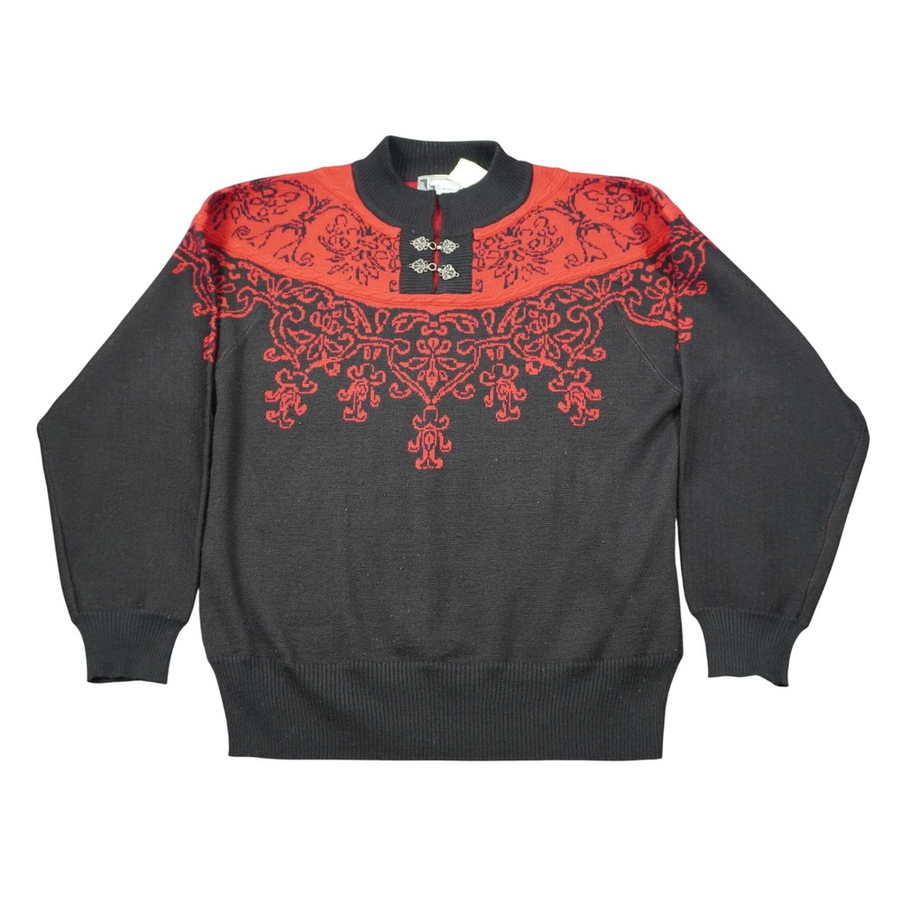 Tyrolia Skiwear Vintage Nordic Wool Blend Sweater Black Red Metal Clasps Size L‎